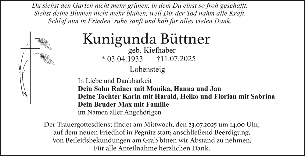  Traueranzeige für Kunigunda Büttner vom 19.07.2025 aus Nordbayerischer Kurier