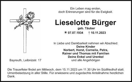 Anzeige von Lieselotte Bürger von Nordbayerischer Kurier