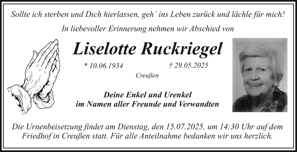  Traueranzeige für Liselotte Ruckriegel vom 12.07.2025 aus Nordbayerischer Kurier