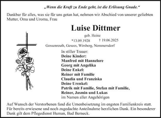 Anzeige von Luise Dittmer von Nordbayerischer Kurier