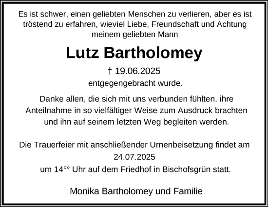 Anzeige von Lutz Barholomey von Nordbayerischer Kurier