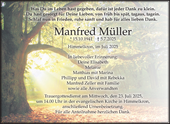 Anzeige von Manfred Müller von Nordbayerischer Kurier