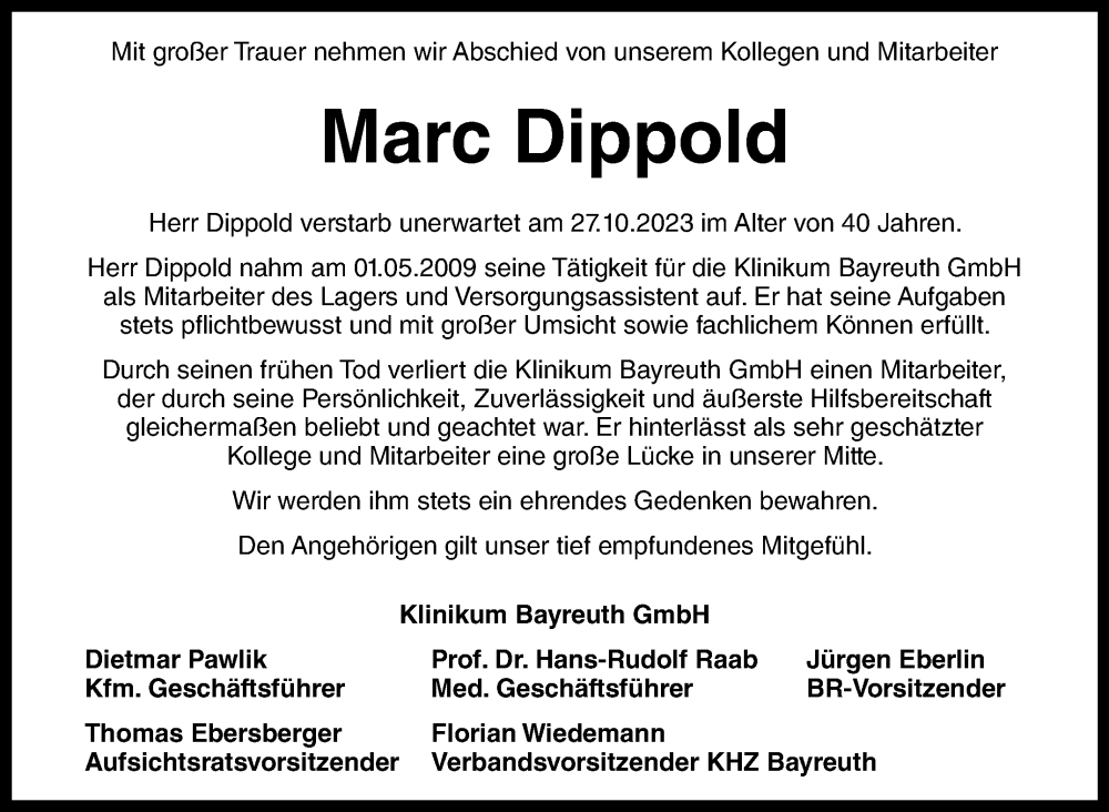  Traueranzeige für Marc Dippold vom 18.11.2023 aus Nordbayerischer Kurier