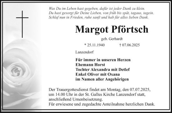 Anzeige von Margot Pförtsch von Nordbayerischer Kurier