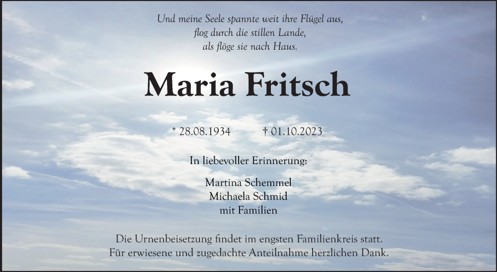  Traueranzeige für Maria Fritsch vom 14.10.2023 aus Nordbayerischer Kurier