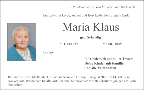 Anzeige von Maria Klaus von Nordbayerischer Kurier