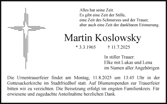 Anzeige von Martin Koslowsky von Nordbayerischer Kurier