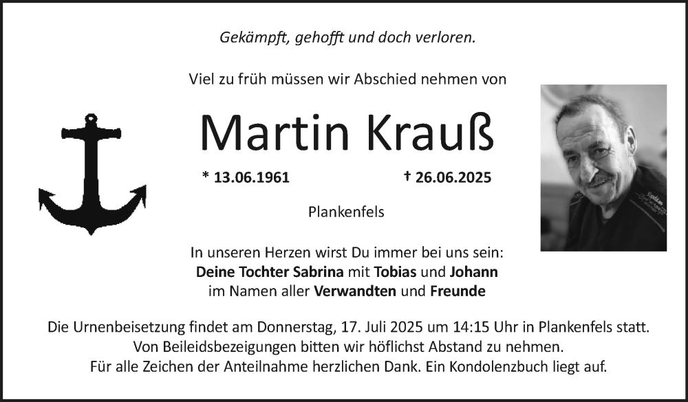  Traueranzeige für Martin Krauß vom 12.07.2025 aus Nordbayerischer Kurier