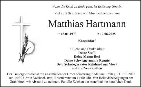 Anzeige von Matthias Hartmann von Nordbayerischer Kurier