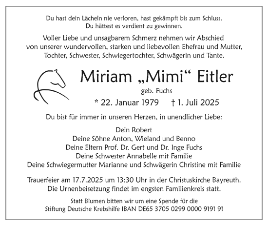 Anzeige von Miriam Eitler von Nordbayerischer Kurier