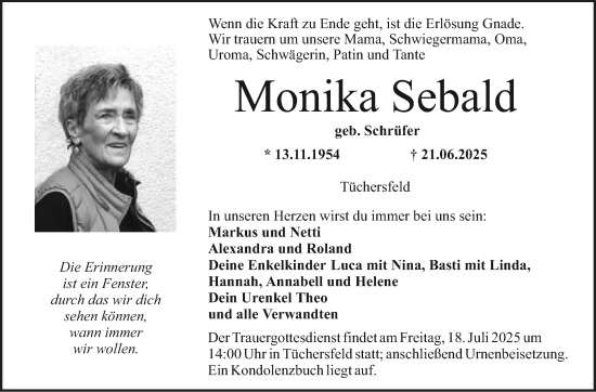 Anzeige von Monika Sebald von Nordbayerischer Kurier
