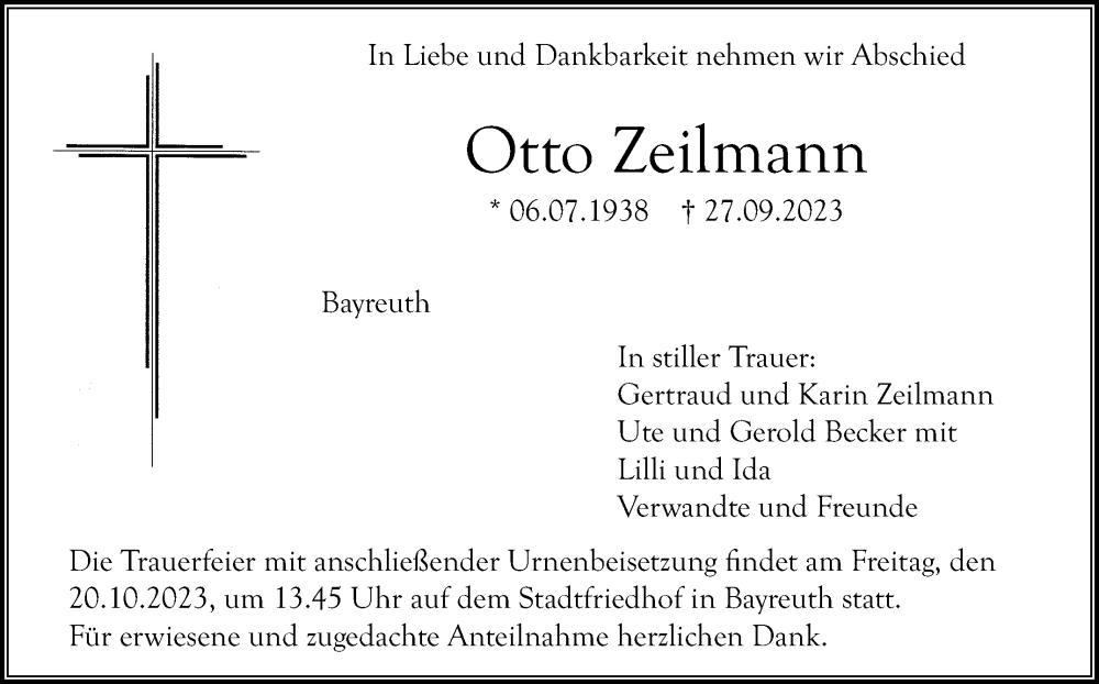  Traueranzeige für Otto Zeilmann vom 14.10.2023 aus Nordbayerischer Kurier