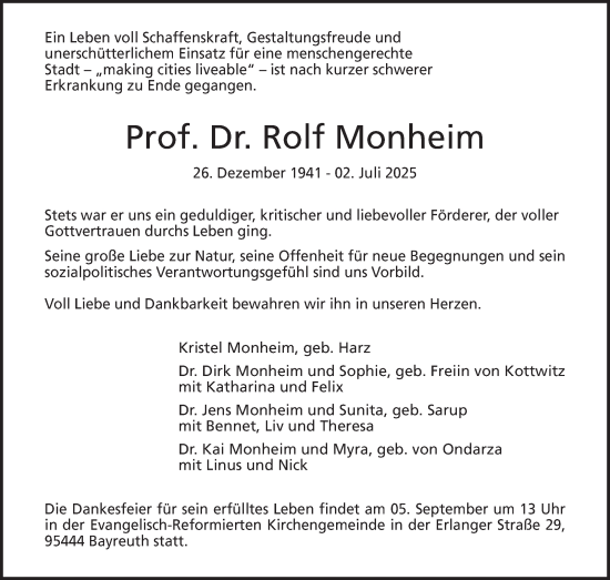 Anzeige von Rolf Monheim von Nordbayerischer Kurier