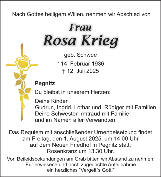 Anzeige von Rosa Krieg von Nordbayerischer Kurier