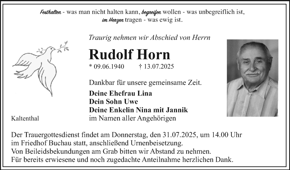  Traueranzeige für Rudolf Horn vom 26.07.2025 aus Nordbayerischer Kurier