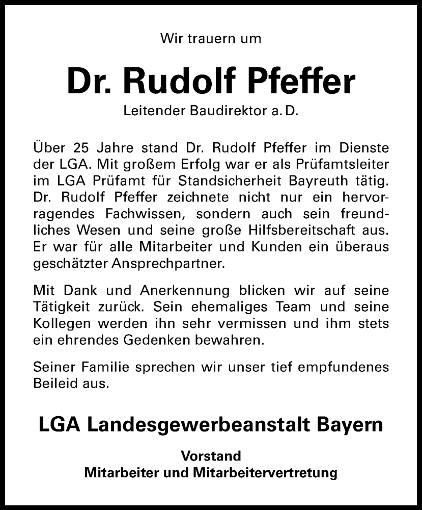  Traueranzeige für Rudolf Pfeffer vom 19.07.2025 aus Nordbayerischer Kurier