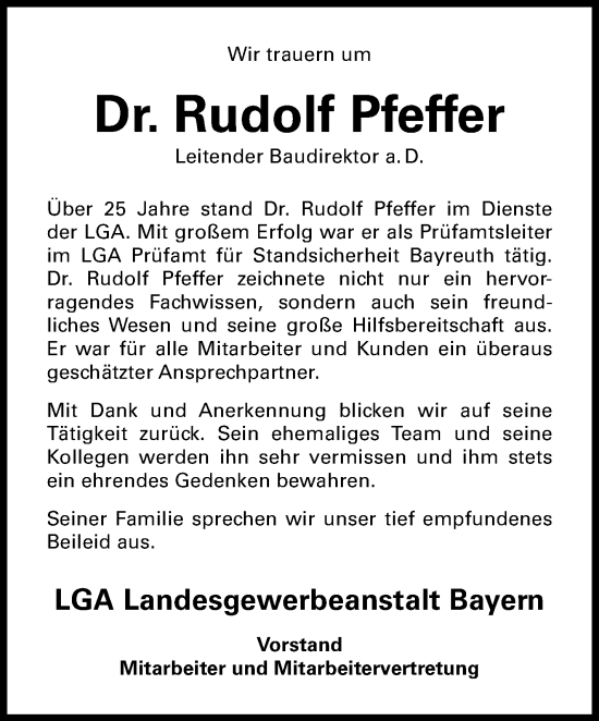 Anzeige von Rudolf Pfeffer von Nordbayerischer Kurier