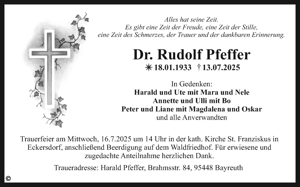  Traueranzeige für Rudolf Pfeffer vom 15.07.2025 aus Nordbayerischer Kurier