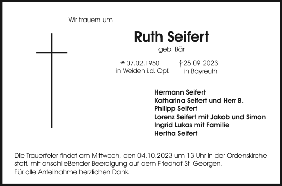 Anzeige von Ruth Seifert von Nordbayerischer Kurier