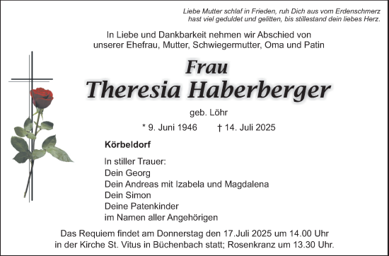 Anzeige von Theresia Haberberger von Nordbayerischer Kurier