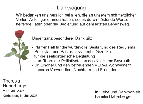 Anzeige von Theresia Haberberger von Nordbayerischer Kurier