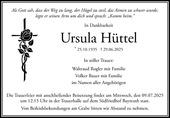 Anzeige von Ursula Hüttel von Nordbayerischer Kurier