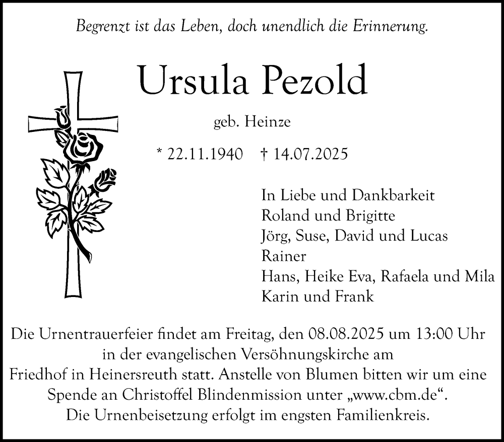  Traueranzeige für Ursula Pezold vom 26.07.2025 aus Nordbayerischer Kurier