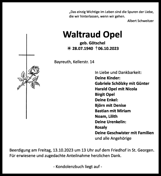 Anzeige von Waltraud Opel von Nordbayerischer Kurier