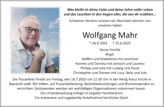 Anzeige von Wolfgang Mahr von Nordbayerischer Kurier