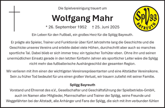 Anzeige von Wolfgang Mahr von Nordbayerischer Kurier