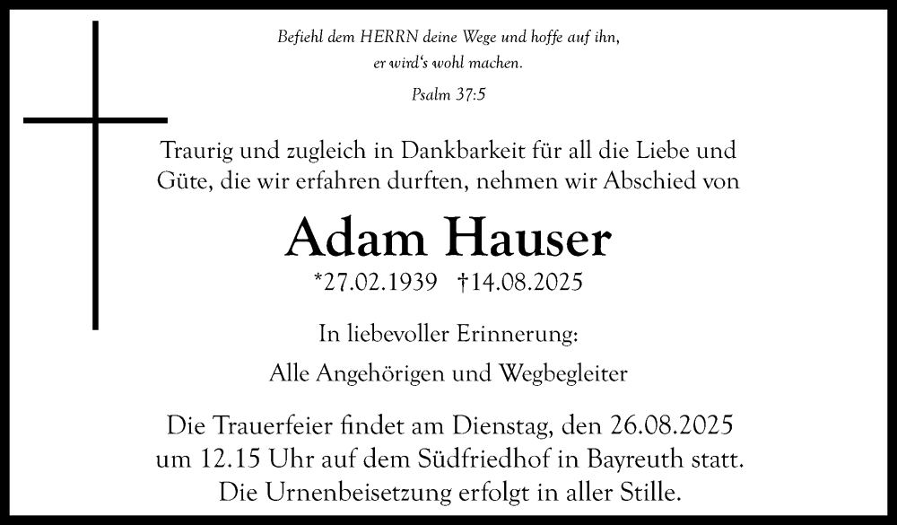  Traueranzeige für Adam Hauser vom 23.08.2025 aus Nordbayerischer Kurier