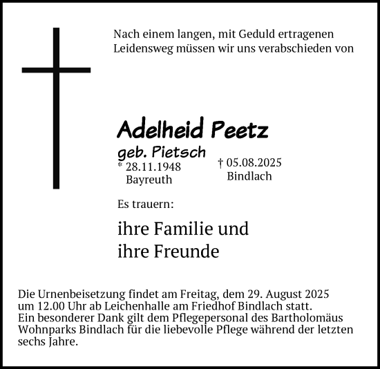 Anzeige von Adelheid Peetz von Nordbayerischer Kurier