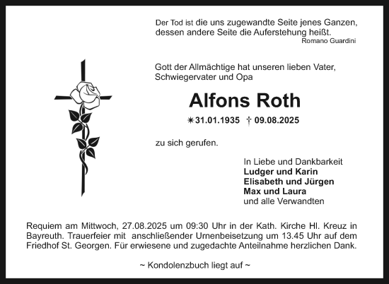 Anzeige von Alfons Roth von Nordbayerischer Kurier