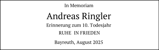 Anzeige von Andreas Ringler von Nordbayerischer Kurier