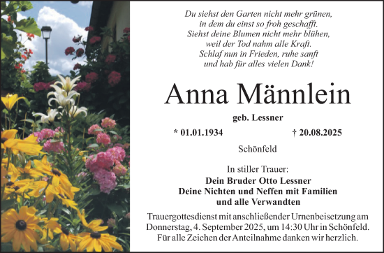 Anzeige von Anna Männlein von Nordbayerischer Kurier
