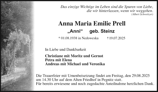 Anzeige von Anna Maria Emilie Prell von Nordbayerischer Kurier