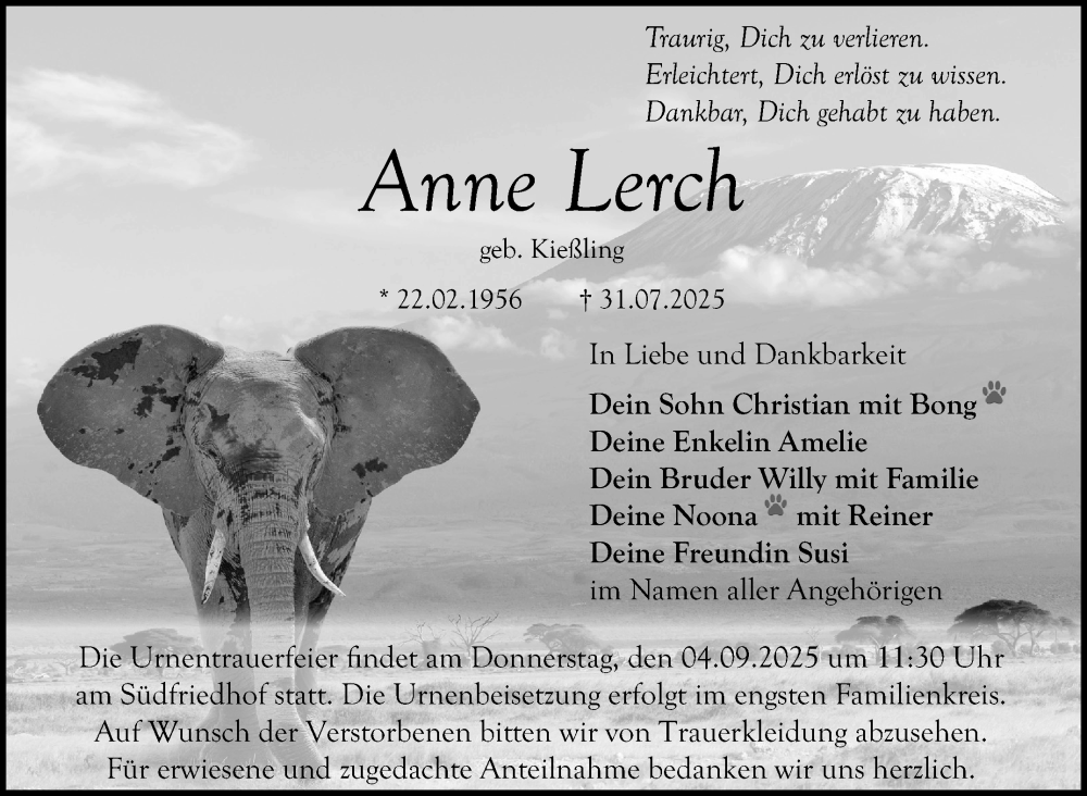  Traueranzeige für Anne Lerch vom 30.08.2025 aus Nordbayerischer Kurier