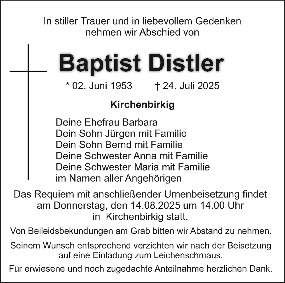  Traueranzeige für Baptist Distler vom 13.08.2025 aus Nordbayerischer Kurier