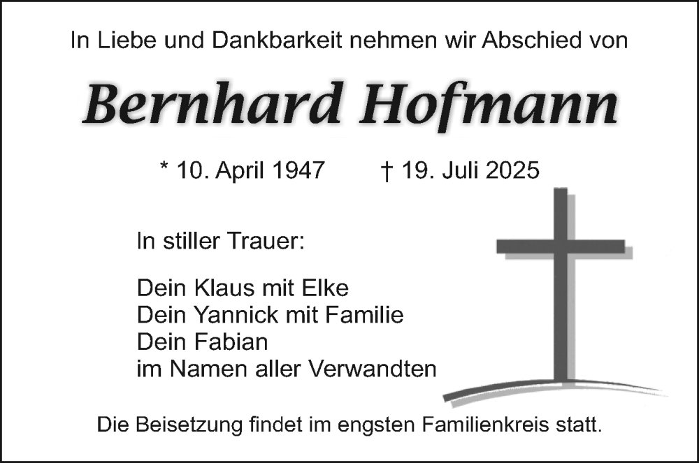  Traueranzeige für Berhard Hofmann vom 09.08.2025 aus Nordbayerischer Kurier