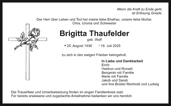 Anzeige von Brigitta Thaufelder von Nordbayerischer Kurier