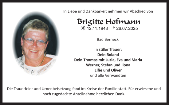 Anzeige von Brigitte Hofmann von Nordbayerischer Kurier