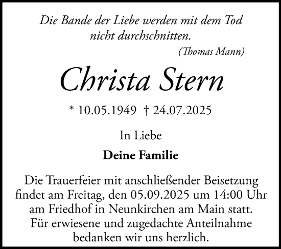Anzeige von Christa Stern von Nordbayerischer Kurier
