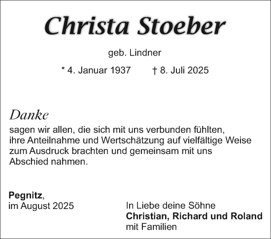 Anzeige von Christa Stoeber von Nordbayerischer Kurier