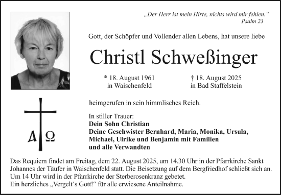 Anzeige von Christl Schweßinger von Nordbayerischer Kurier