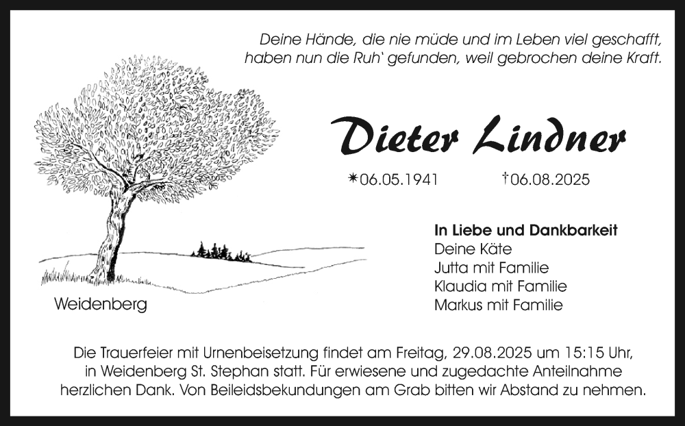  Traueranzeige für Dieter Lindner vom 23.08.2025 aus Nordbayerischer Kurier