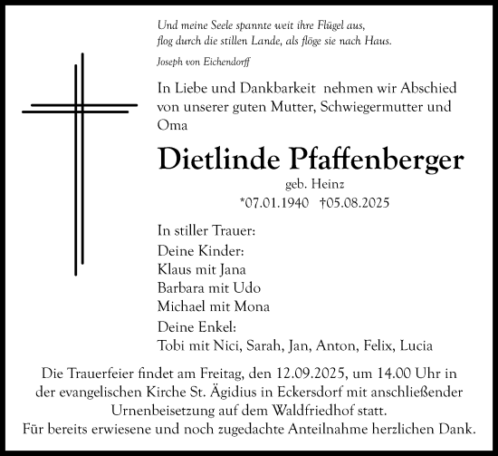Anzeige von Dietlinde Pfaffenberger von Nordbayerischer Kurier