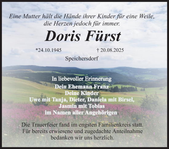 Anzeige von Doris Fürst von Nordbayerischer Kurier