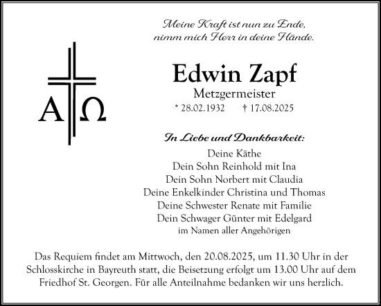 Anzeige von Edwin Zapf von Nordbayerischer Kurier
