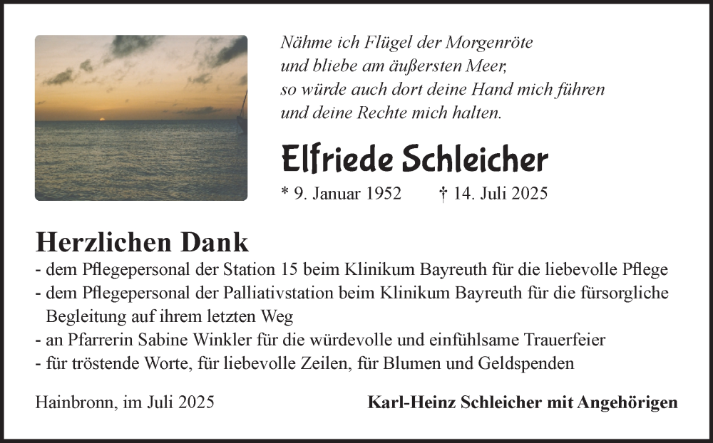  Traueranzeige für Elfriede Schleicher vom 09.08.2025 aus Nordbayerischer Kurier
