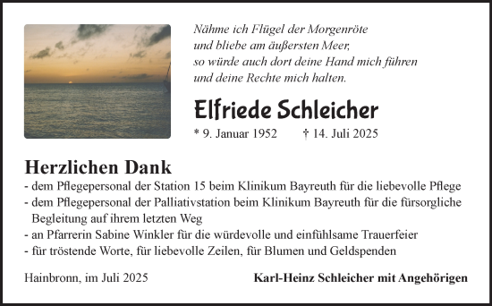 Anzeige von Elfriede Schleicher von Nordbayerischer Kurier